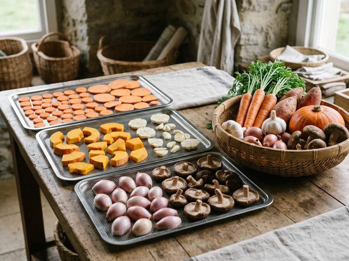 Cà rốt, khoai lang, bí đỏ, hành tím, tỏi và nấm hương được xếp trên khay đục lỗ chuẩn bị sấy
